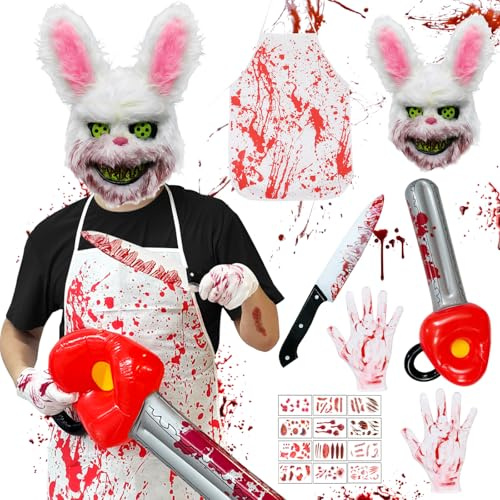 TOSZOLY Déguisement Halloween Adulte, Masque Lapin Horreur Halloween avec Tablier, Gants et Couteau Ensanglantés, Costumes de Lapin D'horreur pour Femmes Hommes Carnaval Halloweens Cosplay