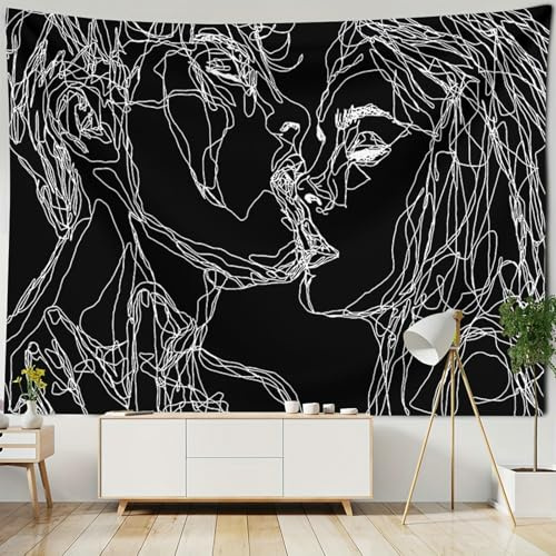 Gualiy Wandbehang 300x256, Weiß Schwarz Wandteppich Romantisches Paar Kuss Linienkunst Wandbehang Modernes Wohnzimmer Schlafzimmer Wanddeko