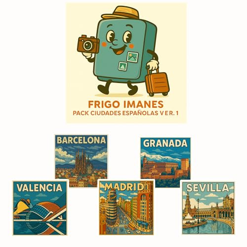 Pack de 5 imanes Decorativos para Nevera o Pizarra magnética. Medidas 7x7 cm | Diseños Divertidos y Originales | Regalo Ideal para casa, Cocina u Oficina – Frigo Imanes (Ciudades Españolas Ver.1)