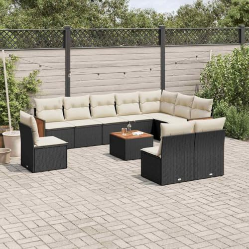 QJBSAVVA 11-teilige Garten-Sofagarnitur Schwarz Poly-Rattan mit Akazienholztisch modulares Balkonmöbel-Set 110 kg Belastbarkeit für Balkon Terrasse und Garten