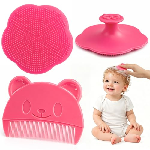 2-Pack Cradle Cap Brushes, Silicone Baby Bath Cradle Cap Comb, Bear Design, Gentle Grooming, Daily Scalp Care, Baby Care Essential(Pink)