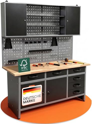 Ondis24 Werkstatteinrichtung 160cm, Werkstatt - Werkbank, Hängeschrank, Euro - Lochwand mit Haken