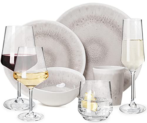 Juego de vajilla de melamina para camping, 4 personas, diseño de yunque, 16 piezas + 16 vasos Milano, copas de agua, copas de vino, copas de champán, platos, picnic, barbacoa, utensilios de cocina