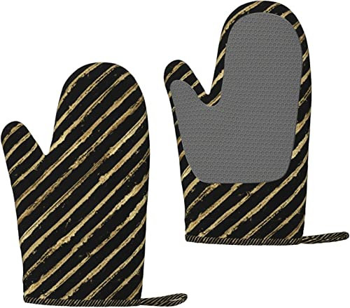 Ofenhandschuhe Goldglitter diagonale Streifen auf schwarzem Silikon-Ofenhandschuhe Anti-Rutsch-Kochhandschuhe, hitzebeständige Backhandschuhe EIN Paar