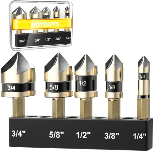Countersink Drill Bit Set for Metal 5 Pieces - M2 Cobalt Countersunk Bits,5 Flute 82 Degree,1/4 Hex Shank Countersunk Bit Set 1/4'' 3/8'' 1/2'' 5/8'' 3/4'' for Drilling Copper, Aluminum, and Wood.