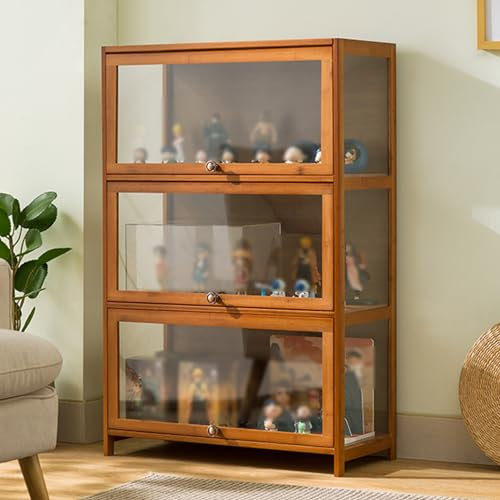 YFWOKSL Vitrine, Kuriositätenvitrine mit Acryl, Vitrine für Sammlerstücke, natürlicher Bambus, Vitrine mit Klapptür, Vitrine für Figuren und Kuriositätensammlung, Starke Tragfähigkeit