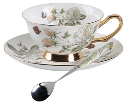 Supercap - Taza de té y platillos de cerámica con borde dorado, porcelana china de hueso exquisita taza de té esmaltada, platillo, cuchara, taza de café turco, taza de café (white rose, 1pcs)
