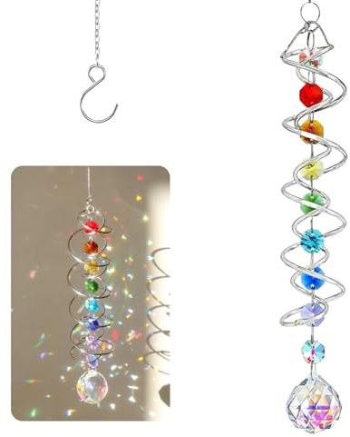 LUMOOM Acchiappasole di cristallo, decorazione per finestra, doppia spirale con sette perle di chakra, in acciaio inox, design a coda a spirale, cristallo arcobaleno, per decorazione da giardino