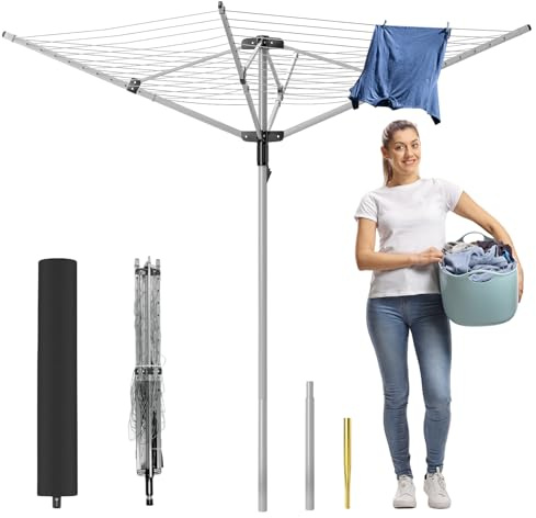GOCEZIA Outdoor Umbrella Drying Rack, 4-Aluminum Arms Folding Rotary Dryer with 12 Lines 165 ft Drying Space Adjustable Height Clothesline w/Waterproof Cover & Ground Spike for Garden Backyard(Grey)
