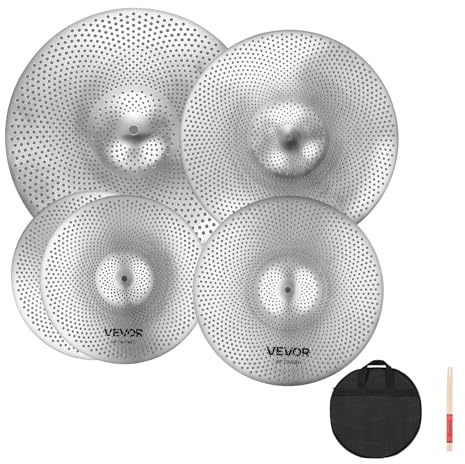 VEVOR Paquete de Platillos de Bajo Volumen, 4 Platillos Silenciosos para Batería con Hi-Hats de 355 mm, Crash de 400 mm y 455 mm, Ride de 505 mm, Baquetas y Funda para Platillos, Cobre Brillante