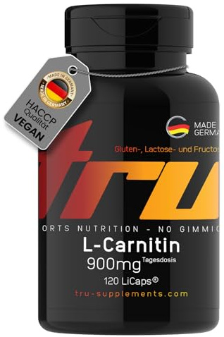 L-Carnitin Kapseln - 120 Stück - schluckfreundlich - Hochdosiert - 900mg pro Tagesdosis - ideal für Sportler - TRU Sports Nutrition - 100% Vegan | Herstellung & Laborprüfung in Deutschland