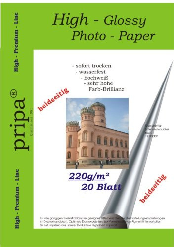 beidseitig pripa 20 Blatt Fotopapier Photopapier A4, 220g - beidseitig glossy glaenzend - sofort trocken - wasserfest - hochweiß - sehr hohe Farbbrillianz fuer InkJet – Tintenstrahl Drucker