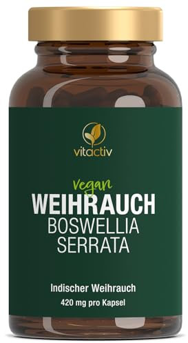 VITACTIV Weihrauch Boswellia Serrata - 120 Weihrauchkapseln - 1680 mg indischer Weihrauch Extrakt, 756 mg Boswelliasäuren - Hochdosiert, Natürlich, Vegan - Ayurvedische Kapseln, Laborgeprüft in DE