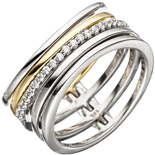 Jobo Damen-Ring breit aus 925 Sterling Silber Bicolor vergoldet mit 21 Zirkonia Größe 56