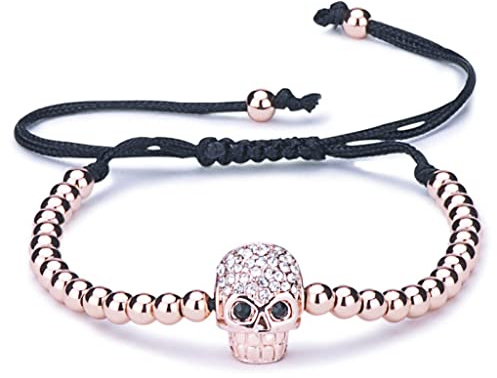 Unendlich U Fashion Schädel Totenkopf Armbänder Damen Armband Geflochten Baumwollseil Legierung Zirkonia Kugeln Beads Verstellbar Armreifen, Rosegold