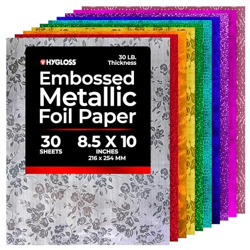 Hygloss Geprägtes Metallic-Folienpapier, 30 Blatt, geprägtes Metallic-Folienpapier, 21,6 x 25,4 cm, ideales Folienpapier zum Basteln, glänzende Bastelpapierbögen