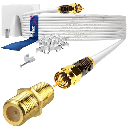 1STec 20m Gold Plated Male to Male Virgin Media Extension Cable with Cable Clips + Female Joining Coupler for V6 TIVO Set Top Box or VIVID Fibre Super Hub Broadband Modems (20 Metre, White)