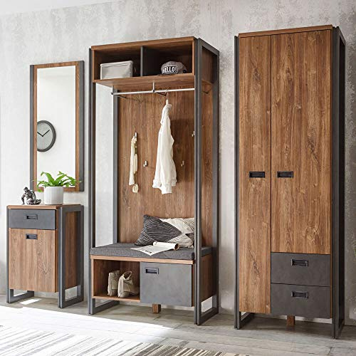 Lomadox Flur Garderoben Komplettset im Industrial-Design Stirling-Oak-Eiche anthrazit Kompaktgarderobe & Sitzbank Polster Dielenschrank und Kommode & Wandspiegel