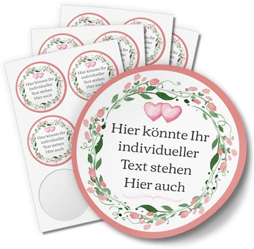 24 SCHÖNE INDIVIDUELLE runde Etiketten SELBER GESTALTEN: Vintage Blumenkranz aquarell Herz rosa - Personalisierte Aufkleber für Hochzeit, Taufe, Muttertag, Valentinstag, Produkte, Geburtstag