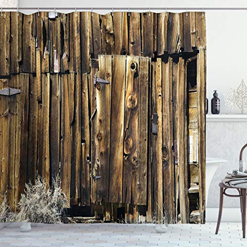 ABAKUHAUS Rustikal Duschvorhang, Oak Barn Holz-Tür, Stoffliches Gewebe Badezimmerdekorationsset mit Haken, 175 x 180 cm, Braun