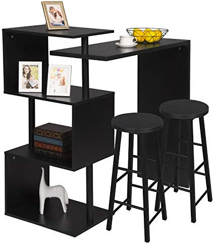 WOLTU Bartisch mit 2 Barhockern Set, drehbarer Stehtisch mit 3 Ablagefläche, Bistrotisch mit Barstuhl aus Holz & Metall, 134x38x112cm, Schwarz