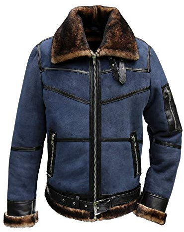 Herren Lammfelljacke B16 Blau Fliegerjacke Pilotenjacke U.S. Air Winterjacke echtes Merino Schaffell Lederjacke Felljacke Fashion Jacke Größe XXL