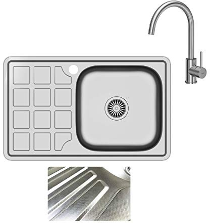 VBChome Inbyggd diskbänk med armatur 78 x 48 linnestruktur från 50 underskåp rostfritt stål diskbänk diskbänk förvaringsyta dränering fyrkantig camping avloppsset sifon vattenkran Inox rostfritt stål