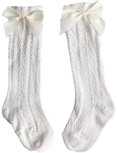 AYIYO Calcetines hasta la rodilla para bebé niña Medias con lazo para niños pequeños Calcetines con volantes de princesa para recién nacidos, blanco, 0-12 meses