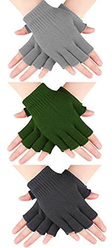 SATINIOR 3 Pairs Women Fingerless Gloves Winter Half Finger Knit Gloves for Men (Dark Grey, Light Grey, Army Green), M