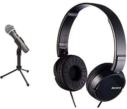 SAMSON Q2U Recording and Podcasting Pack - USB/XLR Dynamic Microphone with Accessories 16-bit, 44.1kHz/48kHz, Silver & Sony MDR-ZX110 Overhead Headphones - Black