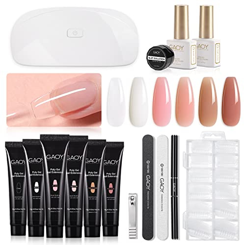 GAOY Kit de uñas de gel de poli gel con U V Light Starter Kit, 6 unidades de gel de construcción para principiantes con todo tipo de arte de uñas DIY