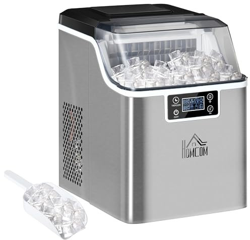 HOMCOM 20kg/Day Ice Maker Machine Countertop, Stainless Steel Portable Ice Cube Maker, 2 Ways to Add Water, 24 Pcs Ready in 14 Mins, Adjustable Ice Size, Self-Cleaning with Scoop & Basket, 3.2L,Silver