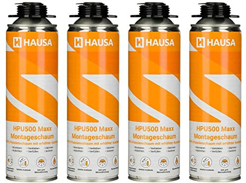 HAUSA Montageschaum HPU500 Maxx 4x 500ml grau B2 Pistolenschaum zum Verfüllen, Dämmen & Abdichten, extrem hohe Ausbeute, ausgezeichnete Dämm- & Isoliereigenschaften, Bauschaum für Schaumpistolen