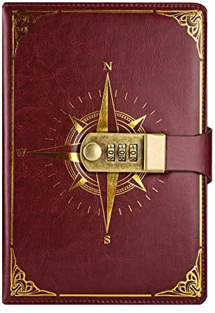 NectaRoy Vintage Travel Journal, A5 Lockable Diary(Compass Pattern), Notebook with Lock/Pen Holder/Card Slots, Office School Supplies Student Stationery, Size 8.6x5.9