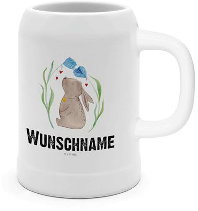 Mr. & Mrs. Panda Personalisierter Bierkrug Hase Blume - Personalisierte Geschenke, Maßkrug Mit Namensgravur, Namen, 0, Träume, Keramikkrug, Geburt, Ostern, Taufe, Bedruckt, Kaninchen, Taufgeschenk