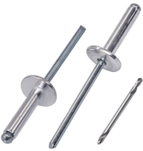 SKIR'CO (50 pcs) Large Flange Aluminium Blind Rivets 4.0 x 18 mm, Steel Mandrel, Drill Bit Included