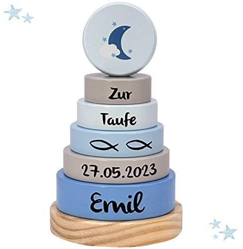 Kidslino Regali per battesimo impilabili Torre luna, blu, regalo per battesimo, inciso, torre impilabile con nomi e date del battesimo, regali personalizzati per bambini