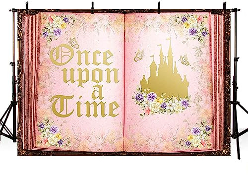 AIBIIN Fotohintergrund, Motiv: Märchenbuch, 2,1 x 1,5 m, bunte Blumen, Gold, Once Upon a Time, Schloss, Schmetterling, Storybook, Hintergrund für Geburtstagsparty, Dekoration, Fotostudio, Requisiten