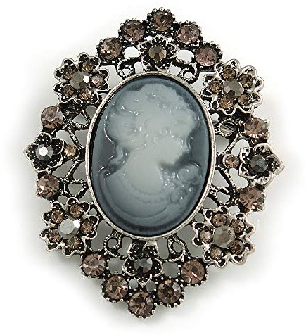 Spilla a cammeo in filigrana di ispirazione vintage con cristalli grigi in argento anticato, lunghezza 50 mm, Misura unica, Plastica, Diamante