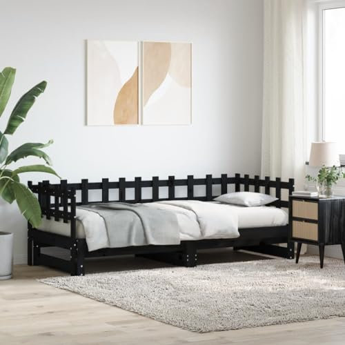 BAZZI Ausziehbett Tagesbett 2X(90x190) Ausziehbar Schlafsofa Sofabett Bettsofa Schwarz Funktionsbett Gästebett Jugendbett Bett Schlafcouch Massivholz Kiefer