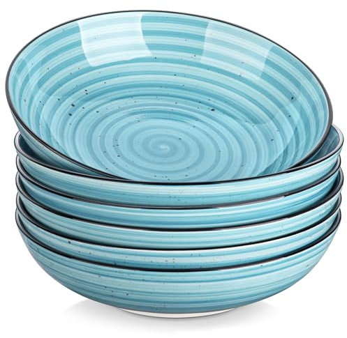 vancasso BONBON Cuencos de Pasta Set de 6, 21,7 x 5,5 cm Plato Hondo Sopa de Gres, Tazón de Pasta de 38 oz, Fuente Ensaladera Grande, Apto para Lavavajillas y Microondas, Pintada a Mano, Azul