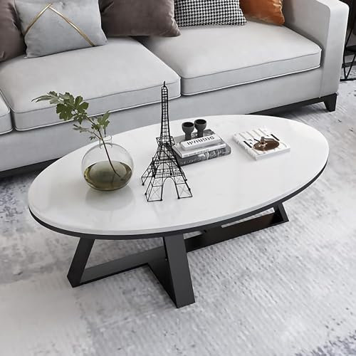 CuNtoHHH Marmor-Couchtisch, weißer Wohnzimmer-Mitteltisch, ovale Sintersteinplatte, Marmorstruktur, Sofatisch mit stabilem Metallrahmen, einzigartiger Beistelltisch für Wohnzimmer, Heimbüro