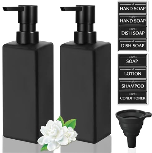 GKSCXEXE Seifenspender Glas Schwarz Matt, 350ml Spülmittelspender für Küchen und Bad, Vintage Seifenspender Set mit Wasserfeste Etiketten, Schwarzer Trichter und Kunststoffpumpe, 2 Stück - Quadrat