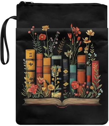Wanyint Buchhülle, waschbar, Buchhülle für Buchliebhaber, Buchschutz mit Reißverschluss, 29,6 x 22,6 cm, für Teenager, Mädchen und Jungen, Bücher, Blume, Schwarz