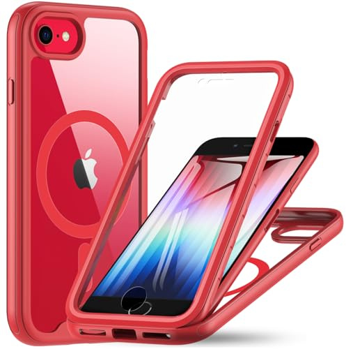 OWKEY Magnetic for iPhone SE 2020/SE 2022 Case, iPhone 8/7 Case, Red | Compatible with MagSafe, With Built-In Screen Protector, 360° Full Body Shockproof Protective Phone Cover