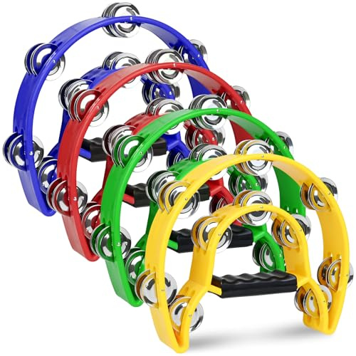 4 Pack Double Row Tambourine for Adults, 9 Half Moon Tambourines Bulk for Church, Metal Jingles Hand Held Percussion Drum, Panderetas Para Adultos Cristianos, Musical Tambourine for KTV, Party, Band