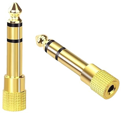2 Pcs Unidad Adaptador Jack 6.35 a 3.5 mm en Cobre Puro Chapado en Oro Jack a Mini Jack 6.35 to 3.5mm de Minijack Hembra a Macho por Clavija Auriculares y Cascos Audio Gaming Pc Piano Guitarra