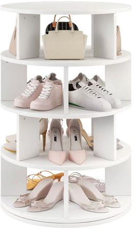 IBUYKE Scarpiera Rotante a 4 Ripiani, Scarpiera Girevole a 360° per 16 Paia di Scarpe, Organizer Verticale Rotondo per Scarpe e Borse per Armadio Ingresso Soggiorno Camera da Letto, Bianco WSR004W