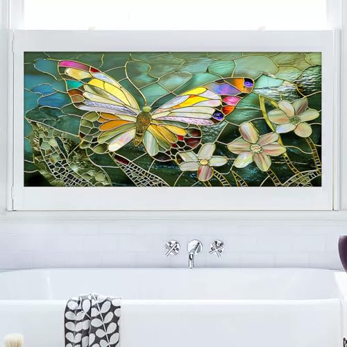 Film Opaque Vitrage Papillon Vert Géométrique Film Opaque Fenetre Anti Regard Electrostatique Pas De Colle Brise Vue Fenetre pour Salle de Bain Bureau Cuisine 45x116 cm/2 pcs