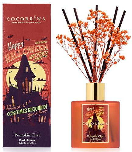 COCORRÍNA Raumduft Reed Diffuser mit 8 Duftstäbchen 200ml, Pumpkin Chai, Natürlich, Langanhaltend, Home Duft ätherisches Öl Reed Diffusor für Badezimmer Regal Dekoration